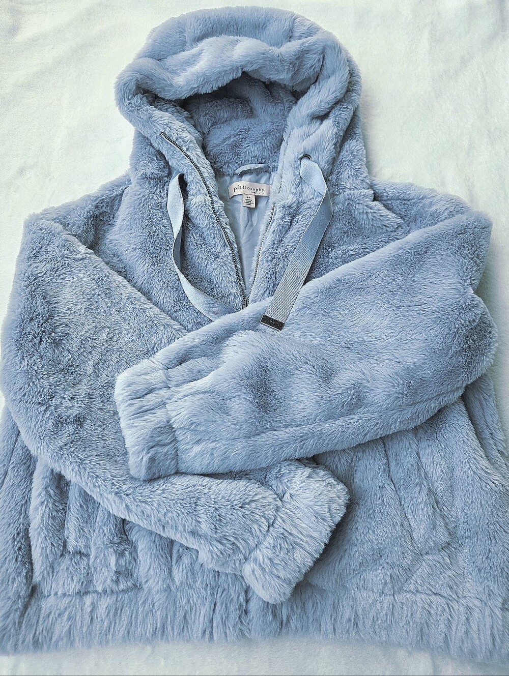 Philosophy Republic Dusty Blue Faux Fur Zip Up Hooded Jacket Size Small S/P